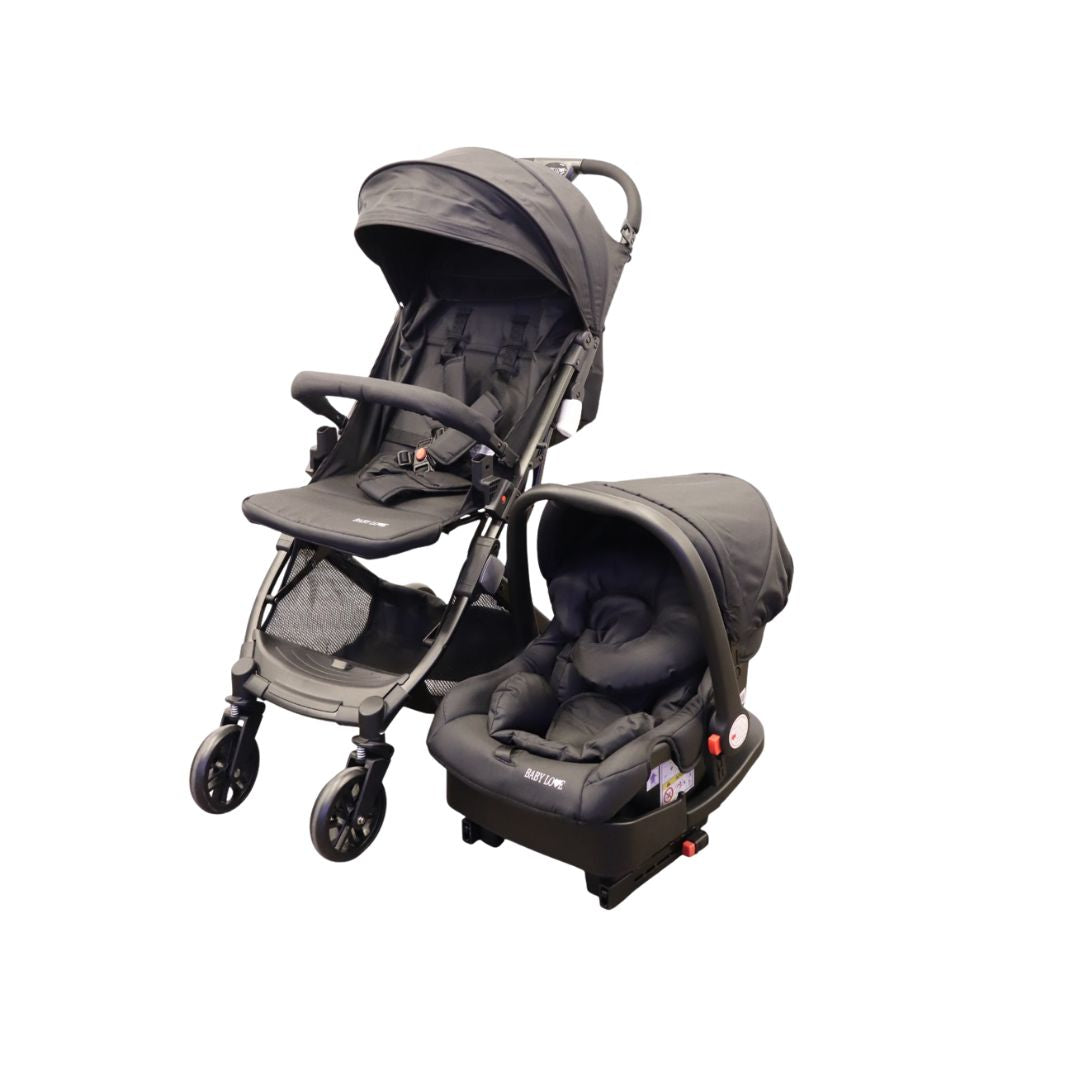 Black baby stroller with car seat on a white background