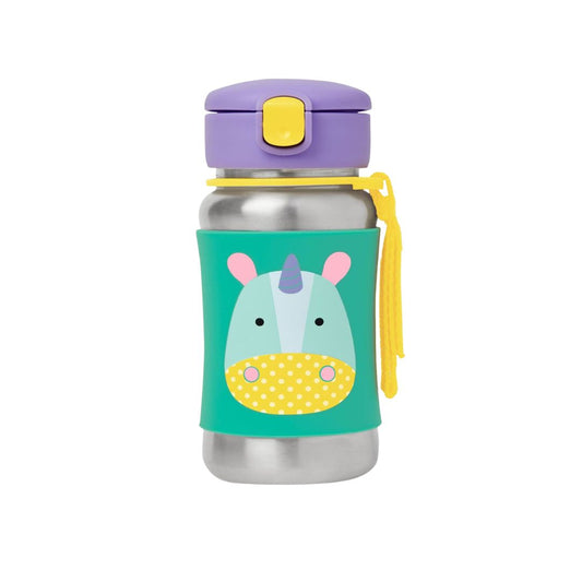 A Skip Hop stainless steel water bottle with a purple lid, yellow tab, and a teal silicone sleeve featuring a cartoon rhinoceros face. A yellow carrying strap is attached to the side.