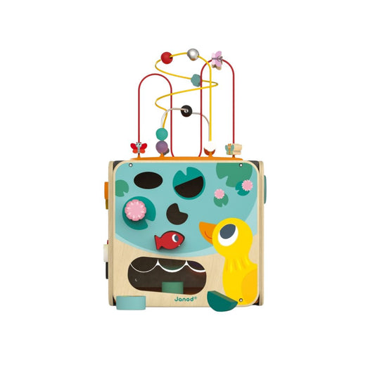 Children's Janod wooden toy with a duck design and bead maze on a white background