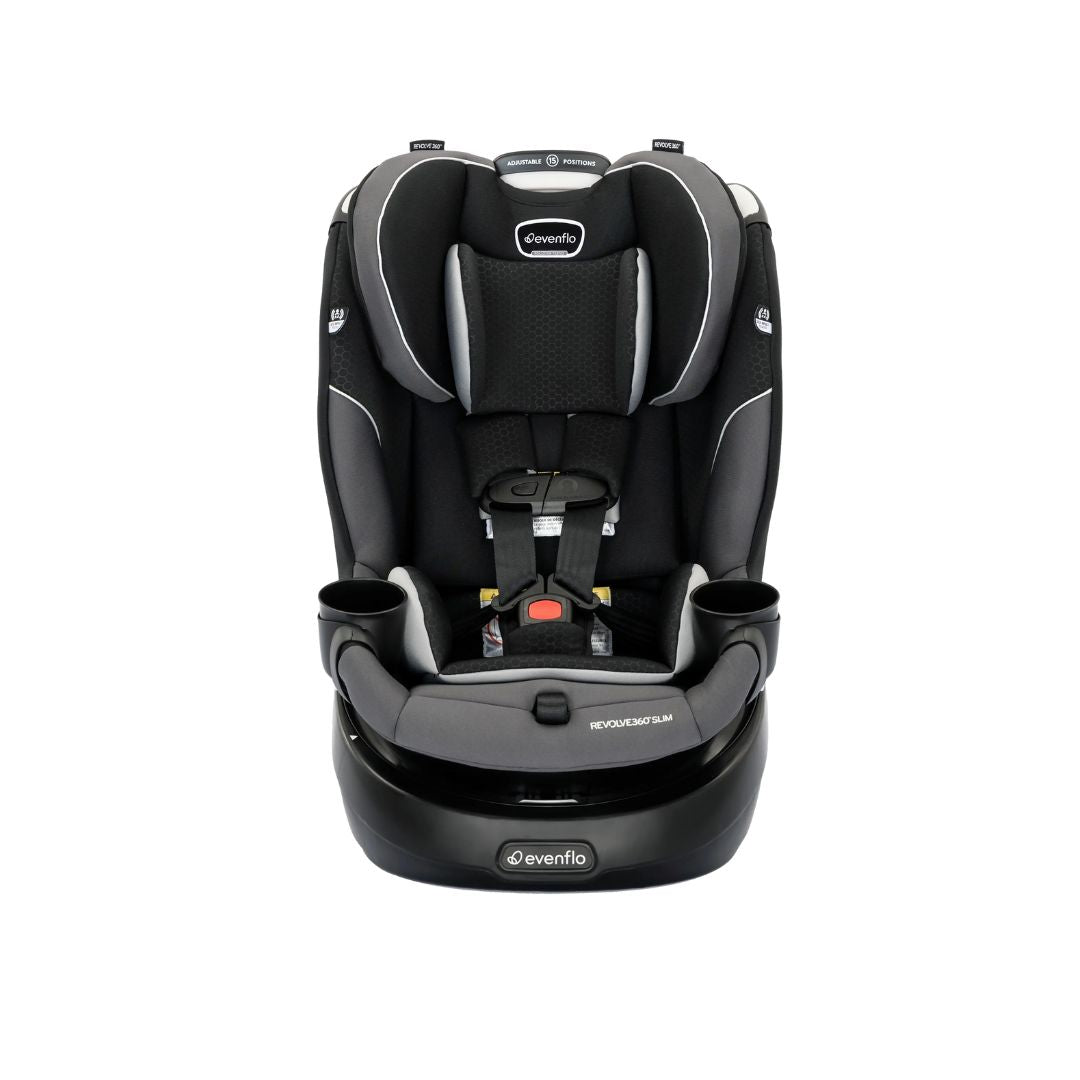 Black and gray car seat with Evenflo branding on a white background