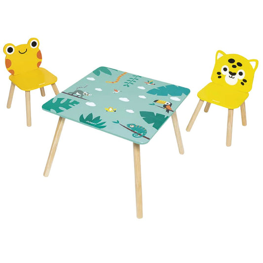 Janod Children's table and chairs set with animal-themed design on a white background