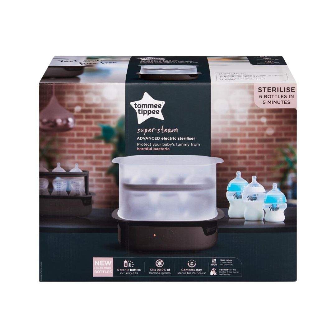 Tommee Tippee electric sterilizer packaging with bottles on a white background