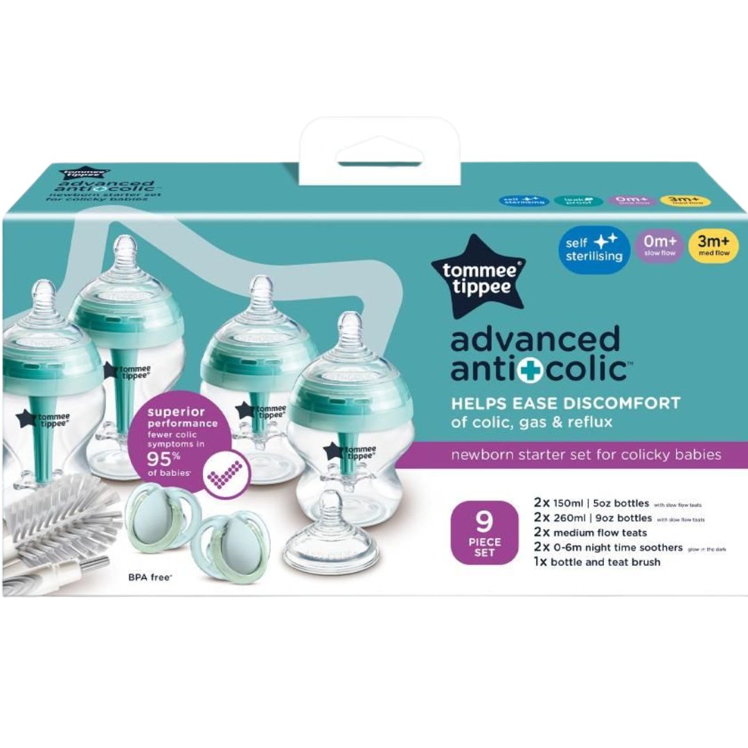 Tommee Tippee Advanced Anti-Colic baby bottle set packaging on a white background