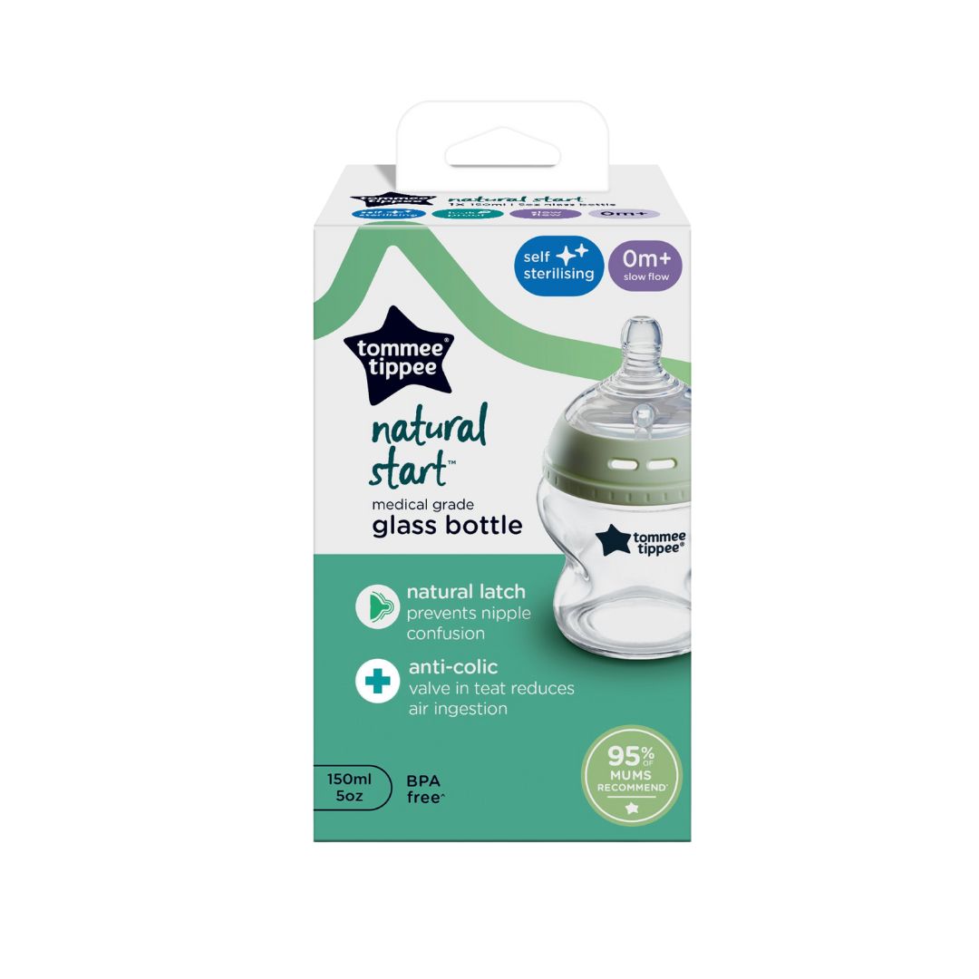Tommy Tippee natural start glass bottle packaging on a white background
