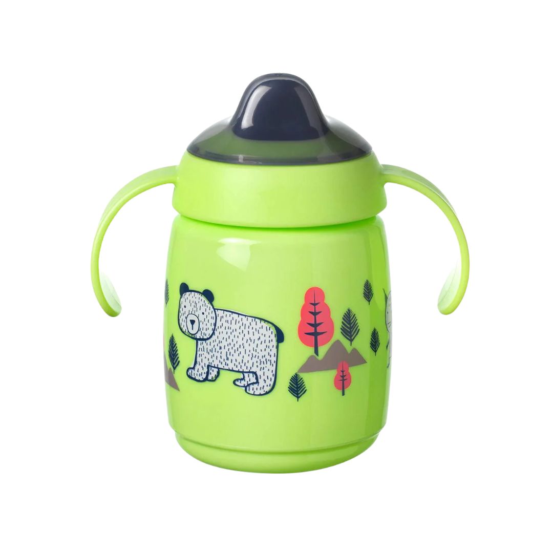 Tommee Tippee Green sippy cup with a bear and nature design on a white background