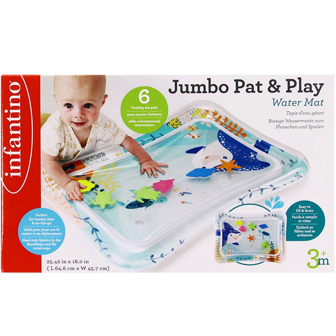 Box of Infantino Jumbo Pat & Play Water Mat with a baby playing on it.