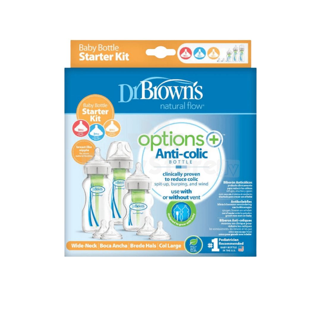 Dr. Brown's baby bottle starter kit packaging on a white background