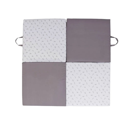 Candide Playmat Gray and white quilt with patterned design on a white background