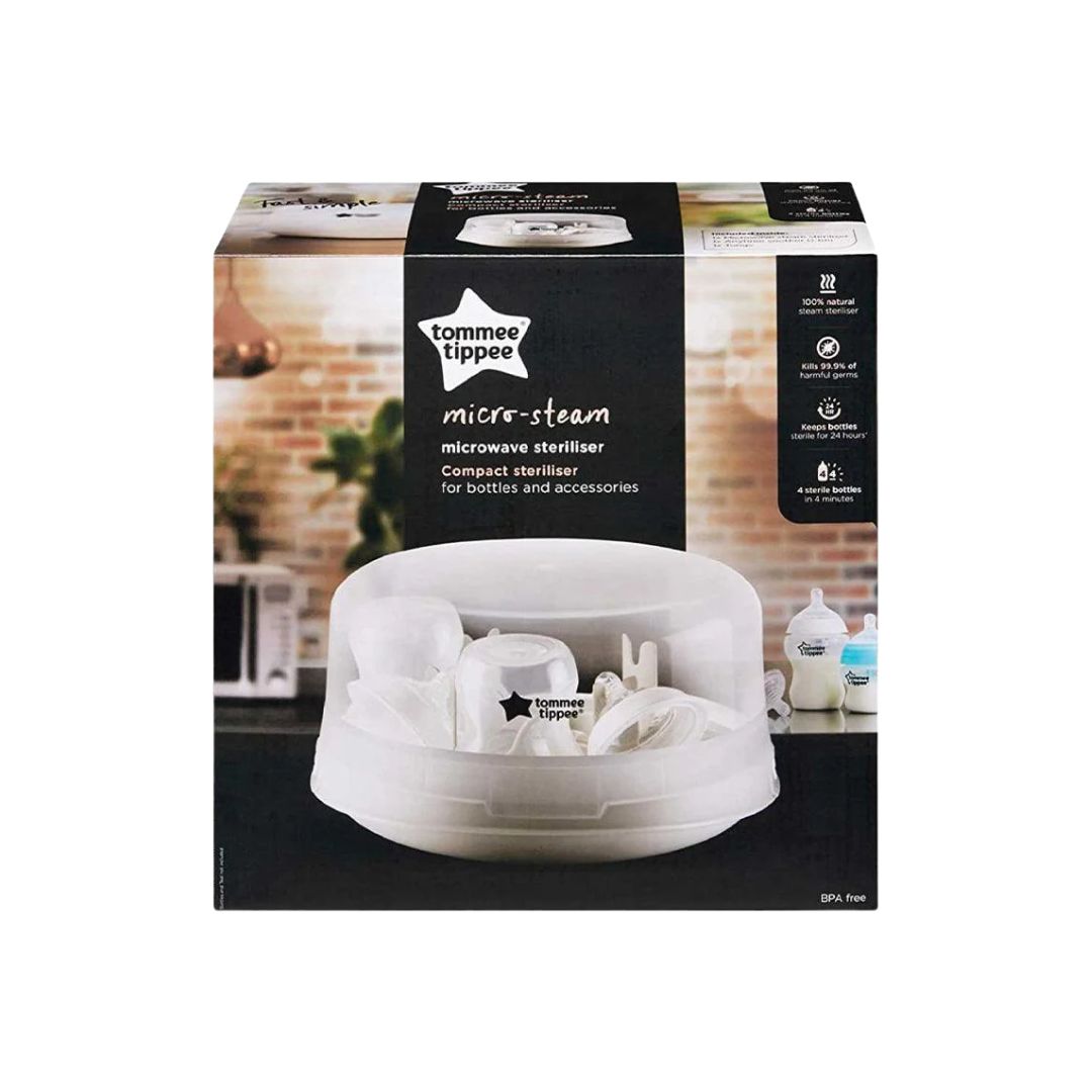Tommee Tippee microwave sterilizer packaging with product image on a white background