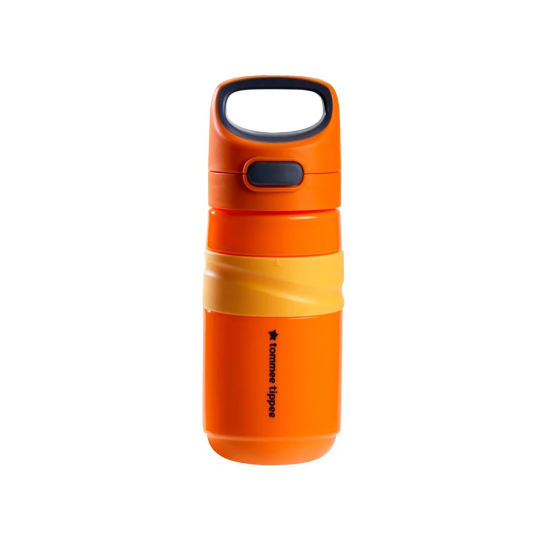 tommee tippee Orange and yellow water bottle with a black lid on a white background
