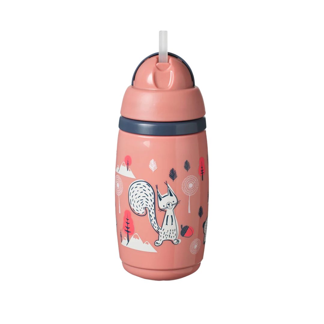Pink tommee tippee water bottle with animal illustrations on a white background