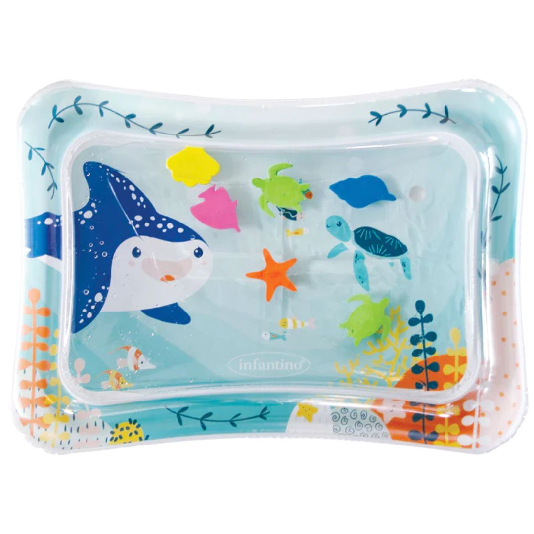Children's tray with ocean-themed design featuring a shark, turtle, and starfish on a white background.