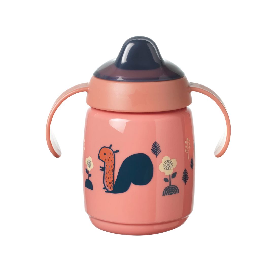 Tommee Tippee Pink sippy cup with animal design on a white background