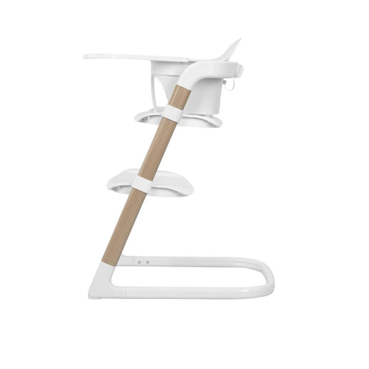 White Evenflo high chair with wooden legs on a white background