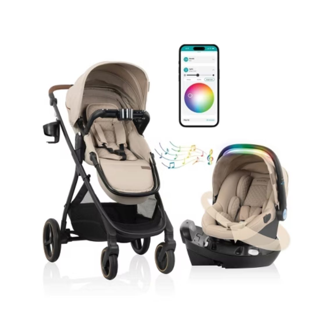 Baby Evenflo stroller and car seat with smartphone app interface on a white background