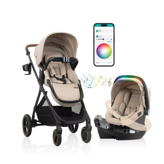 Baby Evenflo stroller and car seat with smartphone app interface on a white background