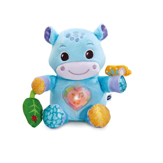 Blue plush Vtech toy with a heart design on a white background