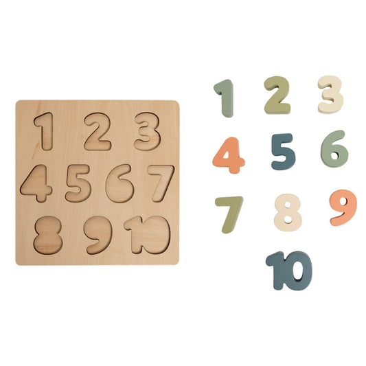 Pearhead Wooden number puzzle with wooden board and detachable numbers on a white background
