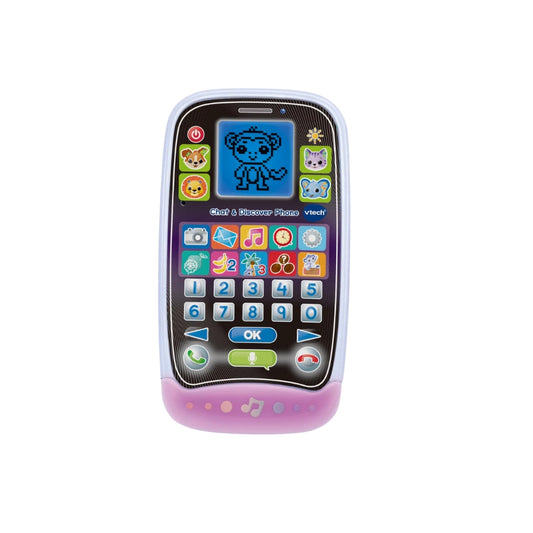 Vtech Toy phone with colorful buttons and screen on a white background