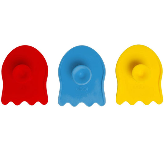 Three colorful silicone bath sponges on a white background