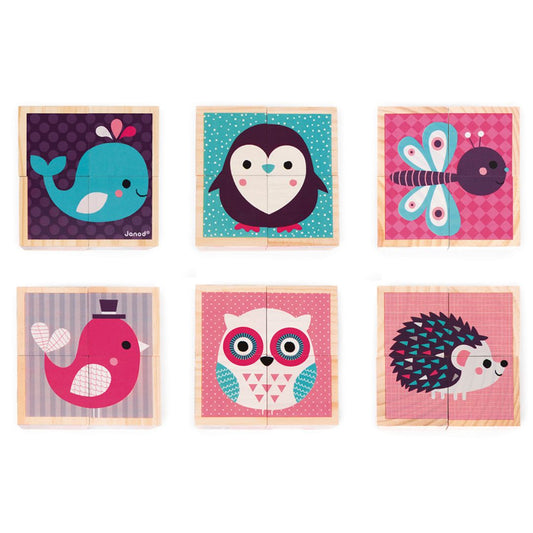 Set of six children's wooden puzzles with animal illustrations on a white background