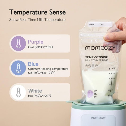 Momcozy temp-sensing milk storage bags with temperature color indicators on a beige background