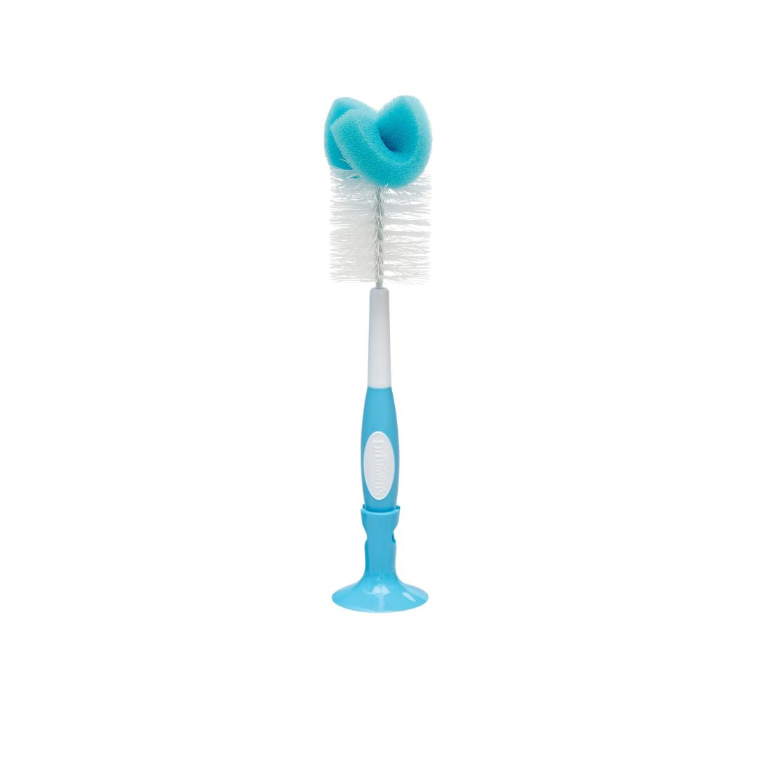 Blue bottle cleaning brush with a white handle on a white background