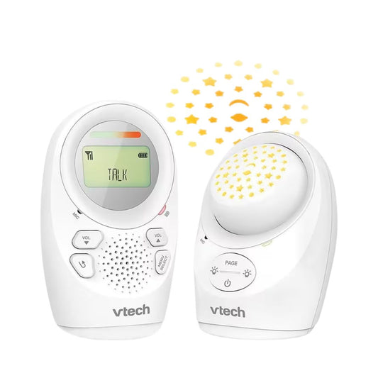 Vtech baby monitor with digital display and starry night light on a white background