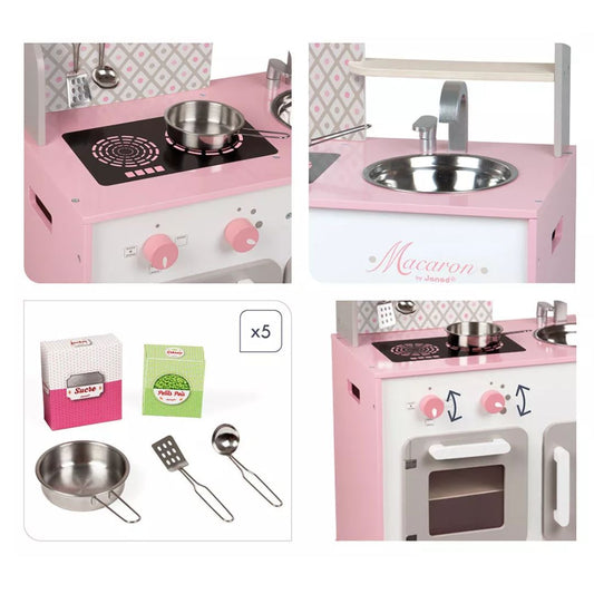 Collage of Janod a pink toy kitchen set with stove, sink, and utensils.