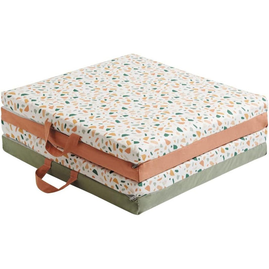 Candide Foldable mattress with patterned cover and orange straps on a white background