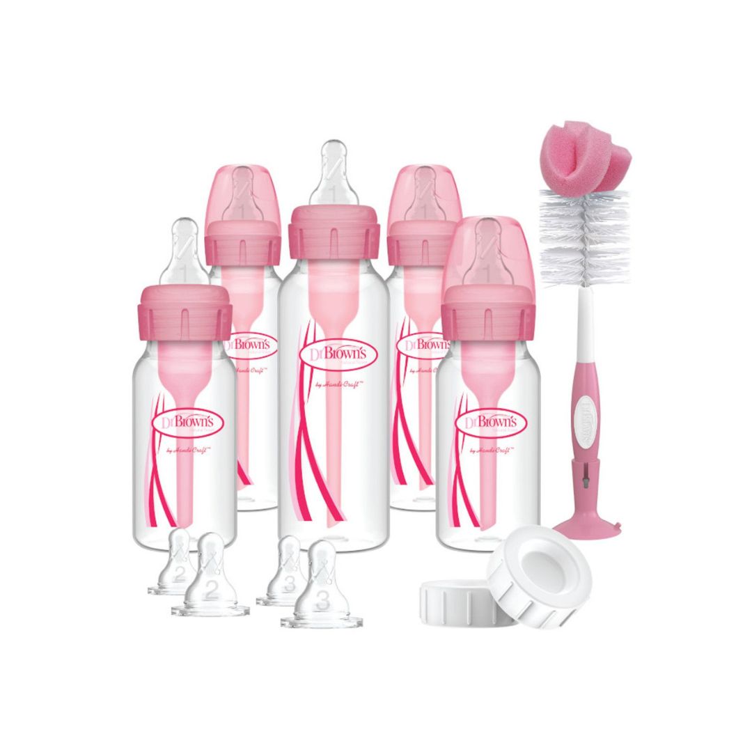 Dr. Brown's Baby bottle set with pink and white design on a white background