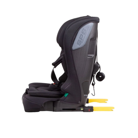 Black and gray Asalvo car seat with yellow straps on a white background