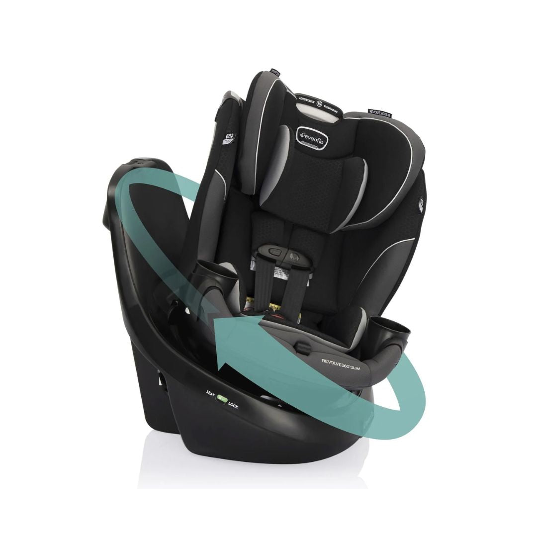 Evenflo Black and teal car seat with a visible brand logo on a white background
