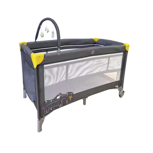 Asalvo Children's playpen with gray and yellow accents on a white background