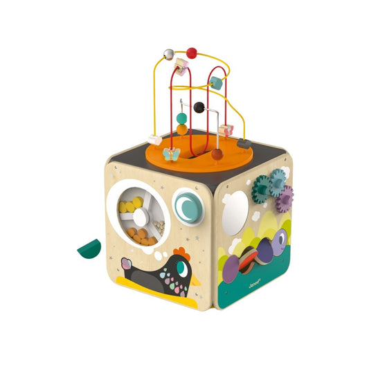 Colorful children's Janod activity cube with various engaging elements on a white background