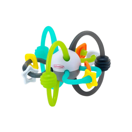 Colorful Infantino baby teething ring with multiple links on a white background