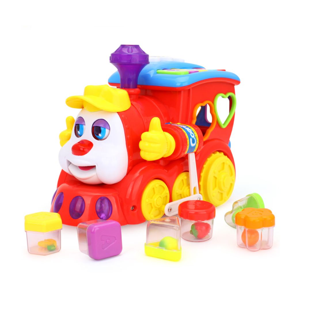 Colorful Hola toy train with a smiling face on a white background