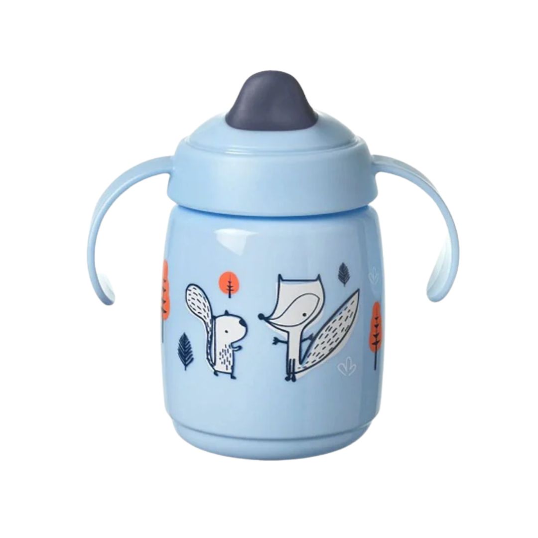 Tommee Tippee Light blue sippy cup with animal illustrations on a white background