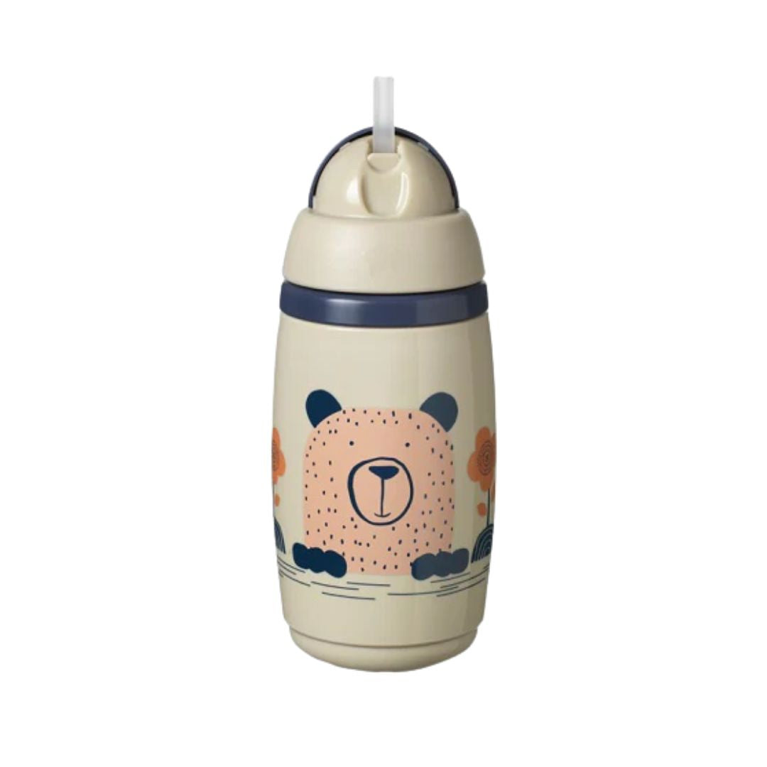 Children's tommee tippee water bottle with bear design on a white background