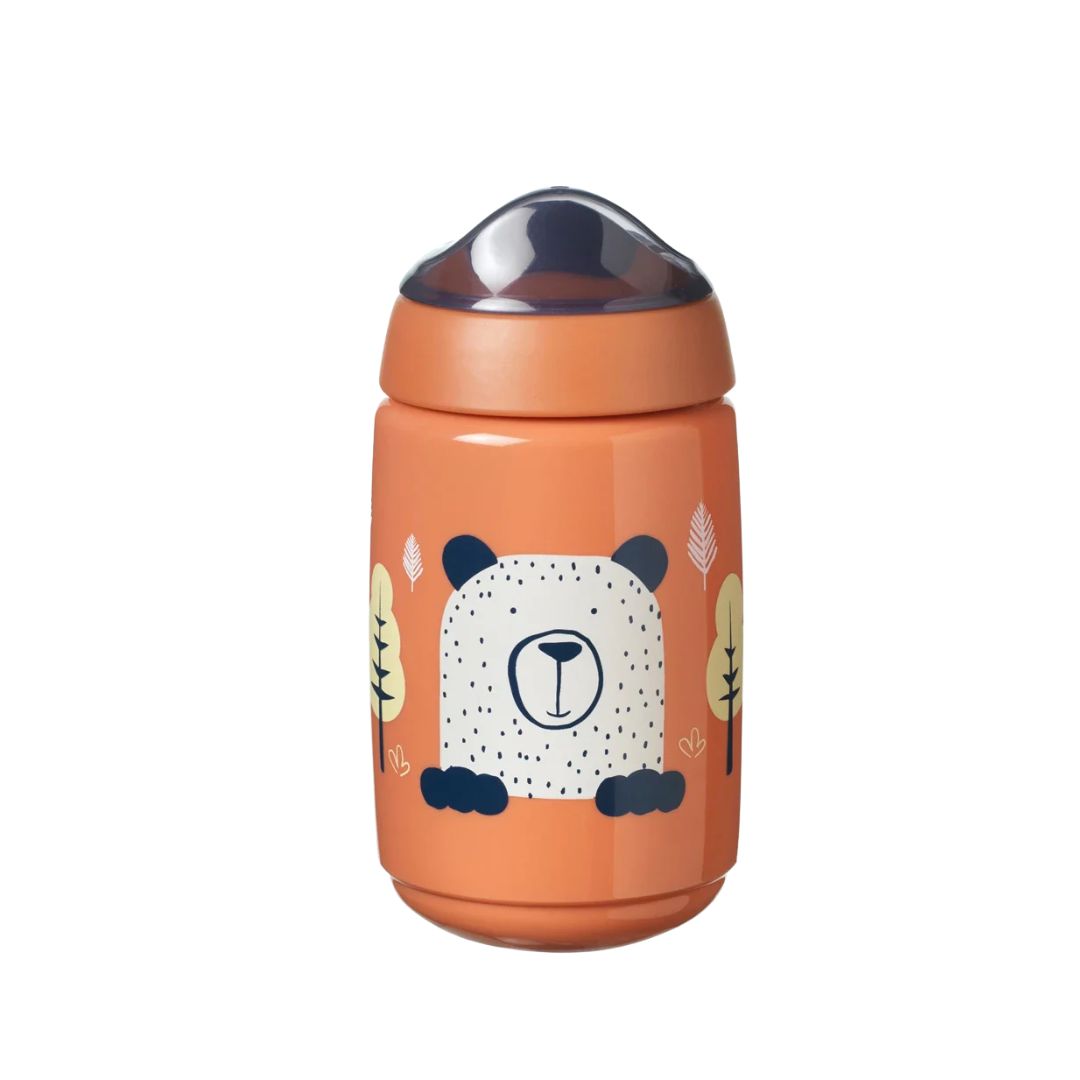 Children's Tommee tippee water bottle with a bear design on an orange background