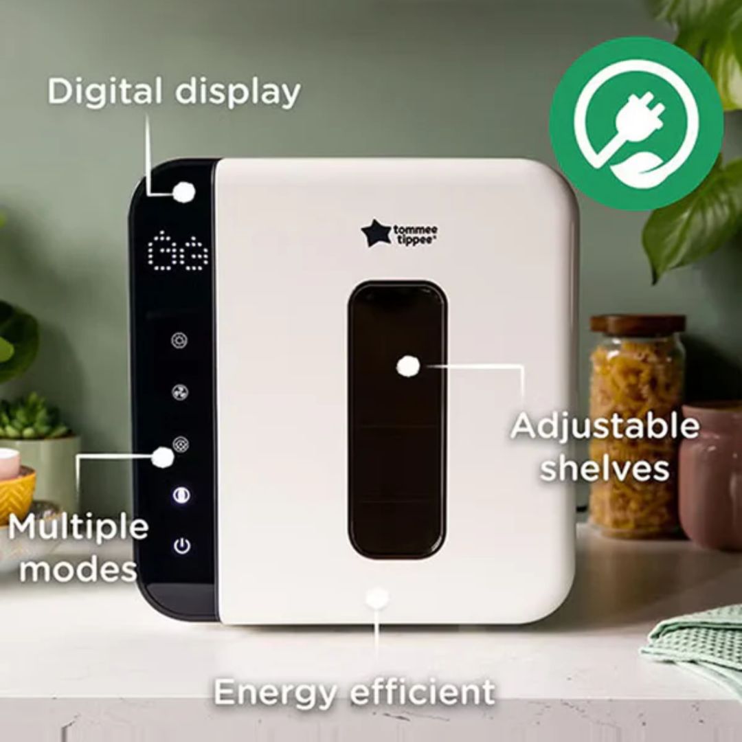 White baby bottle warmer with digital display and adjustable shelves, featuring Tommee Tippee branding.