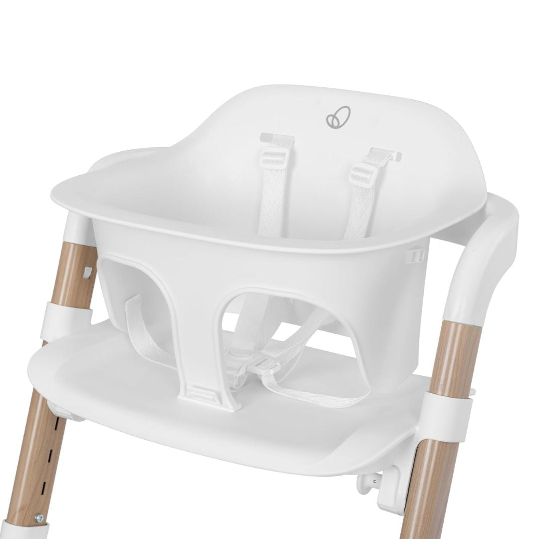 Evenflo White baby high chair with wooden legs on a white background