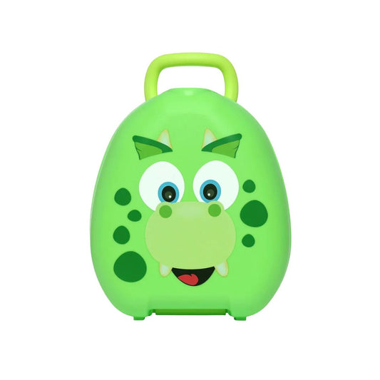 Green children's Carry Potty with a dinosaur design on a white background