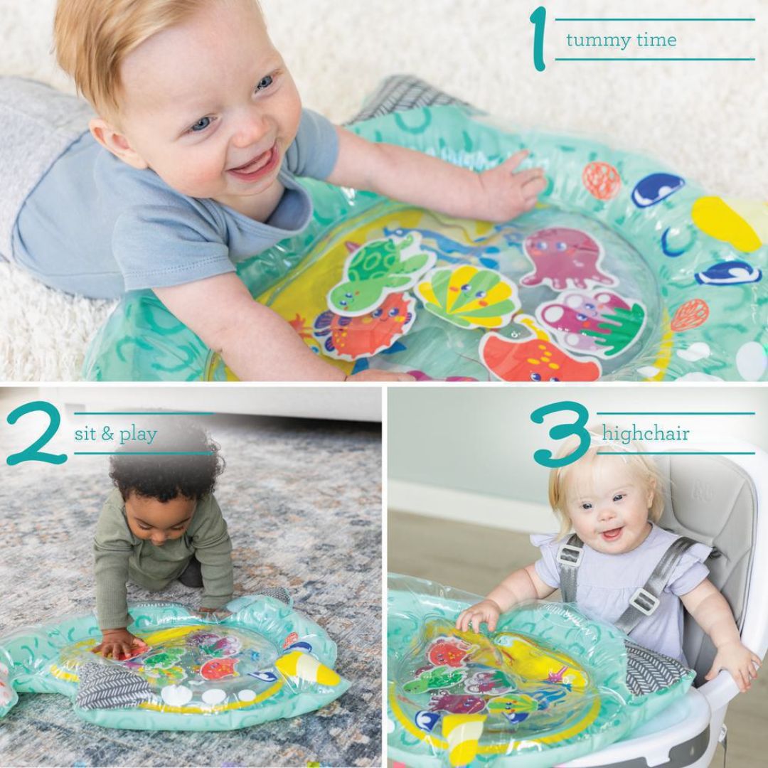 Collage of a baby playing with a colorful water mat in various settings.