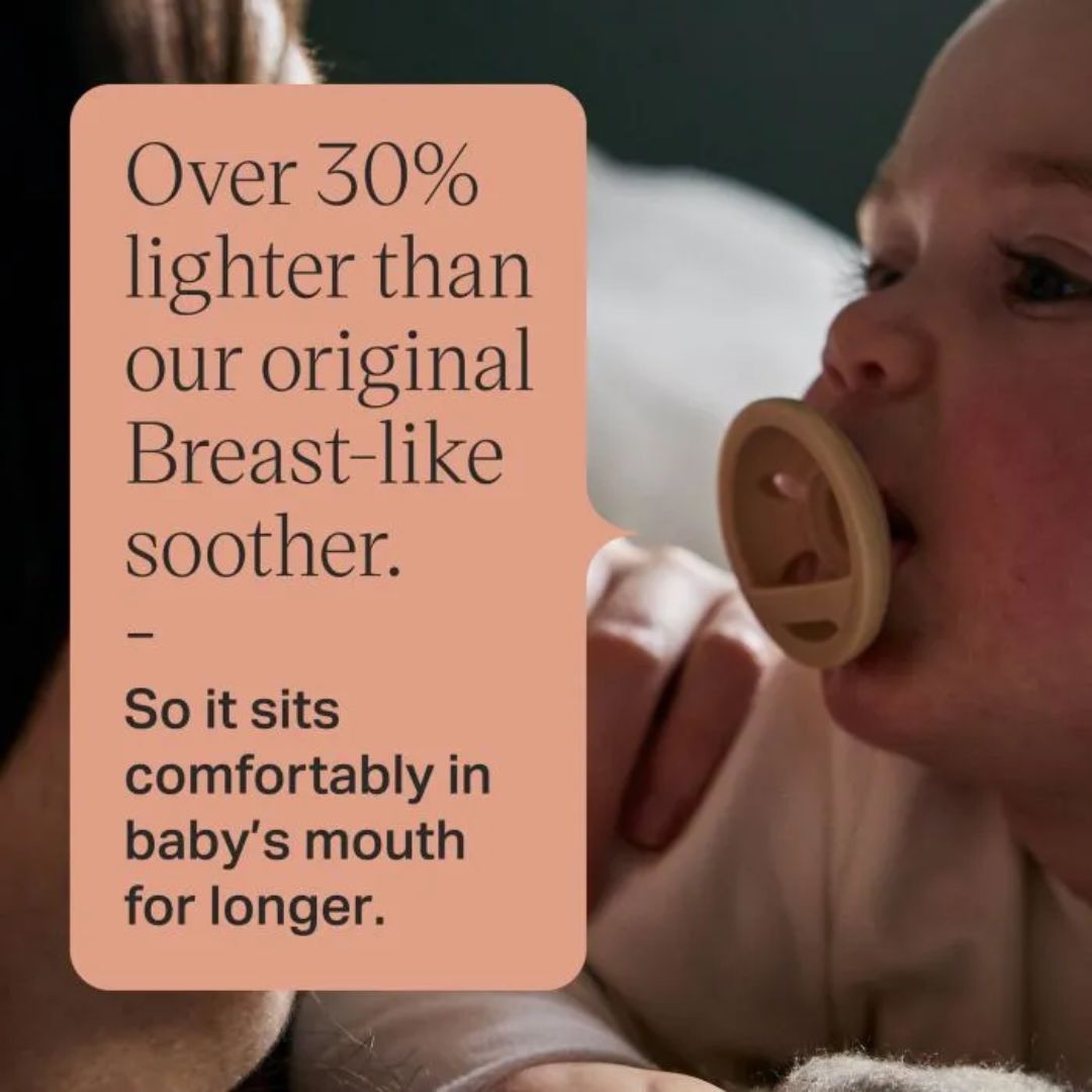 Baby with a pacifier and text overlay about a breast-like soother