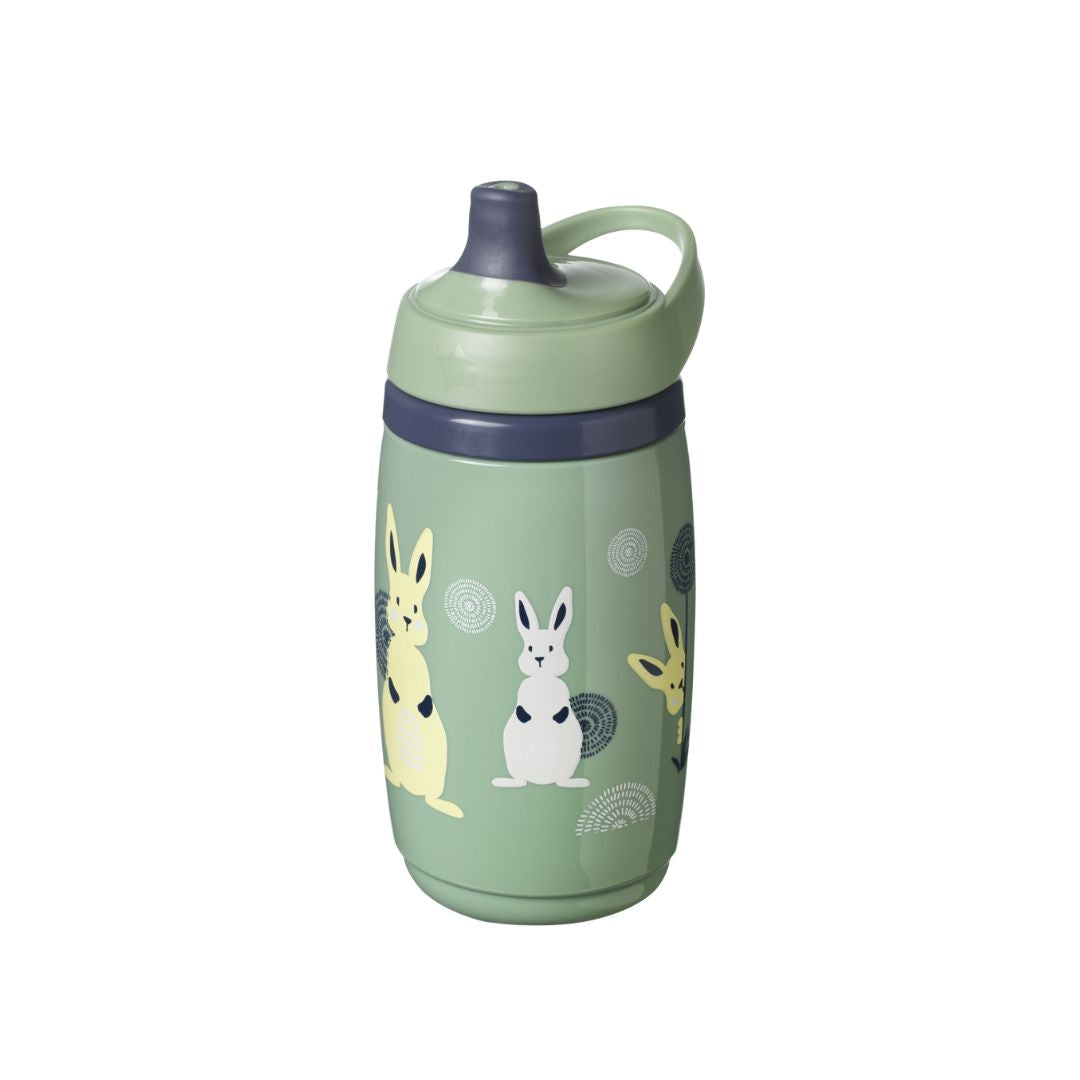 Green water bottle with rabbit design on a white background