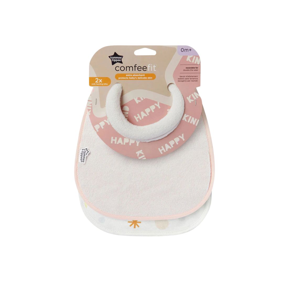 Baby Pink Baby bib and teether set with 'Tommee Tippee' branding on a white background