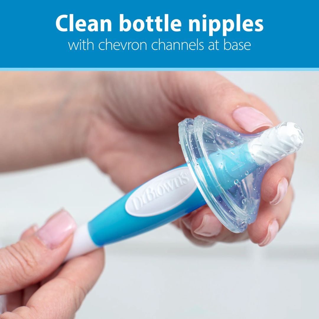 Baby bottle nipple cleaner with text on a blue background