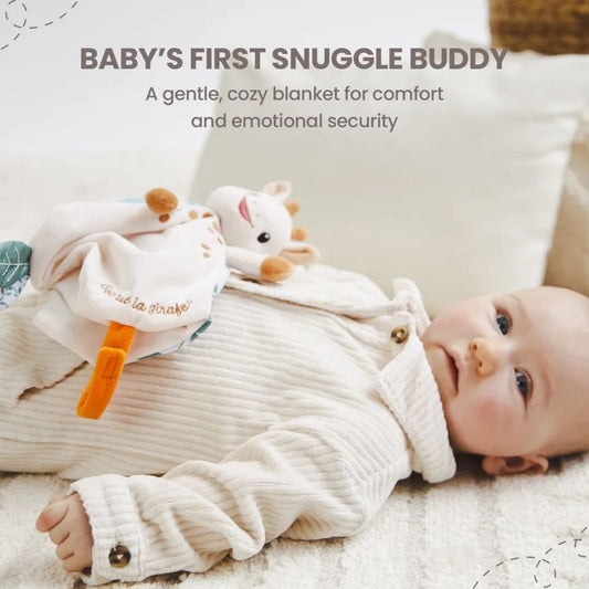 A baby in a cream corduroy outfit lying on a blanket next to the Sophie la Girafe comforter, with text reading 'Baby's First Snuggle Buddy: A gentle, cozy blanket for comfort and emotional security.