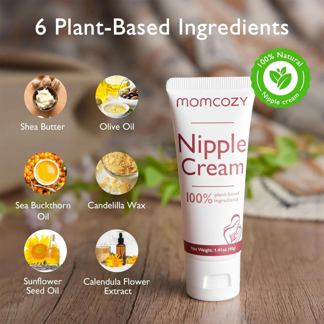 Momcozy Nipple Cream with plant-based ingredients on a wooden surface